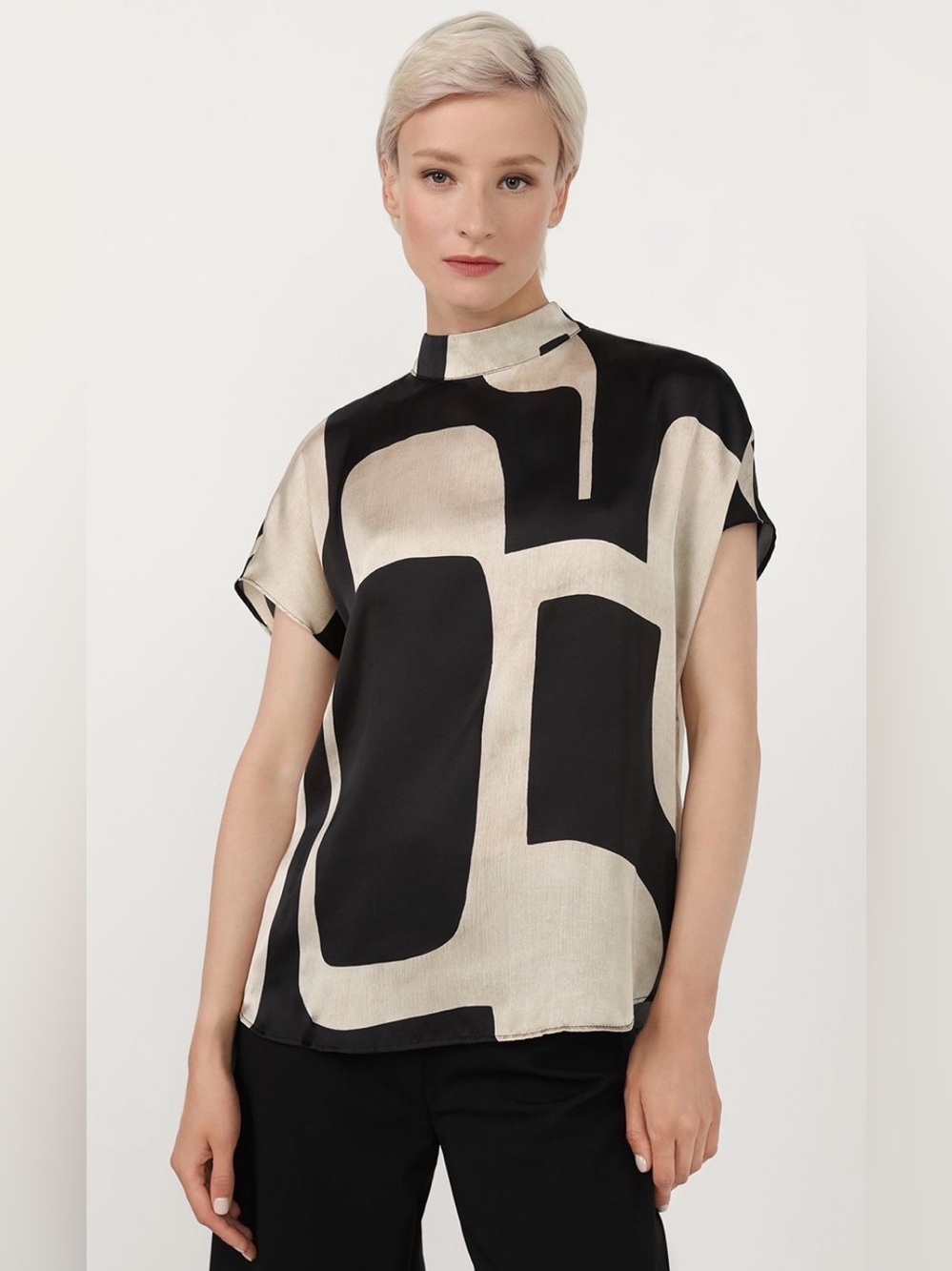 Mango Black and Cream Abstract Mock-Neck Blouse